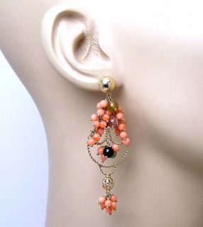 startling vintage 14k yellow gold coral onyx chandelier earrings