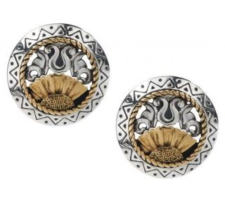 American West Sun Design Sterling/Brass Button Earrings —
