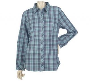 Denim & Co. Roll Sleeve Button Front Plaid Shirt —