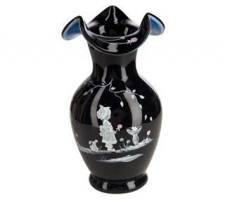 Fenton Art Glass BlackOpalescent Mary Gregory Tri Crimp Vase