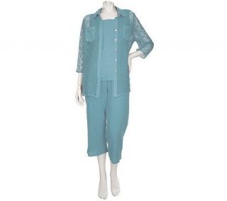 Susan Graver 3/4 Sleeve Crochet Shirt w/ Gauze Tank & Crop Pants