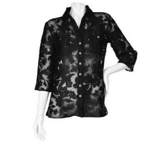 Susan Graver Burnout Crinkle Button Front 3/4 Sleeve Shirt —