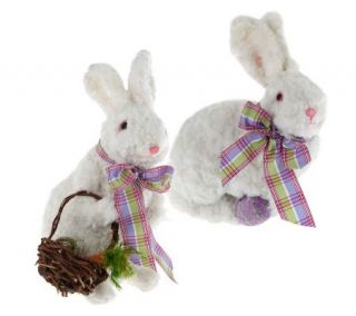 Set of Two Soft White Fur Bunnies withPlaidRibbon by Valerie