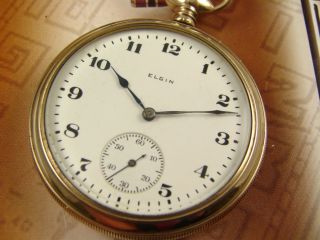 Crisp Elgin Porcelain Mint Dial Stunning Gold FLLD Pocket Watch 15J