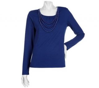 Simply. Chloe Dao Long Sleeve Top with Simulated Pearl Necklace