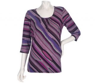 Susan Graver Liquid Knit Stripe Print Jewel Neck 3/4 Sleeve Top