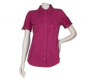 Denim & Co. Short Sleeve Polo Shirt with Pocket and Pleat Detail