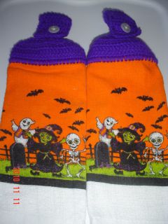 Halloween Ghost Witch Skeleton Crochet Kitchen Towel Set
