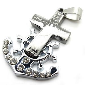 Men Bible Cross Anchor Stainless Steel Pendant Necklace