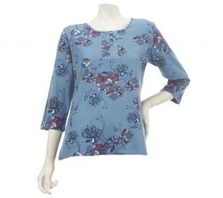 Denim & Co. 3/4 Sleeve Button Placket Floral Print T shirt —