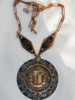 Large Vtg Aztec Brass Copper Tribal Medallion Necklace Hand Crafted