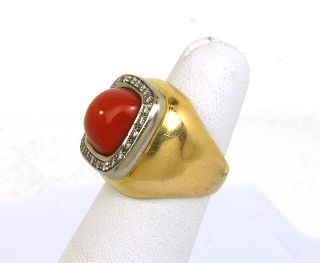 Lovely Vintage 2 Tone 18K Gold Diamonds Red Coral Ring