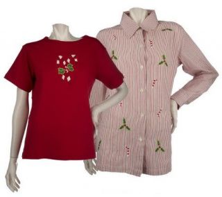 Quacker Factory Candy Canes Striped Shirt and T shirt Set —