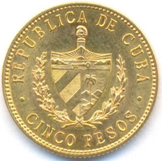 1916 GOLD 5 PESOS CUBA, SCARCE, CHOICE UNCIRCULATED, 8.36 GRAMS