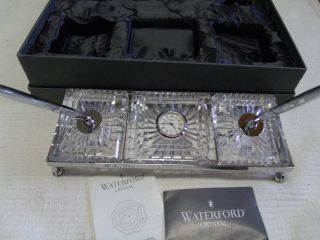Vintage Waterford Crystal 2 Pen Desk Set Office Clock Chrome Base New