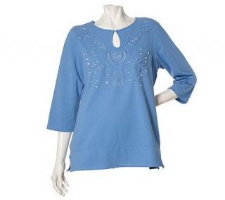 Susan Graver Embroidered & Beaded 3/4 Sleeve Keyhole Tunic —
