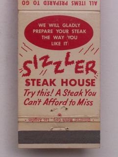 1960s Matchbook Sizzler Steak House Culver City CA MB