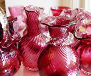 Mid Century Swirl Cranberry Fenton Crackle Vase Lot