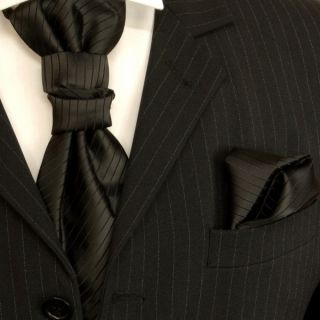 PLV21H Pretied Cravat with Pocket Square Solid Black