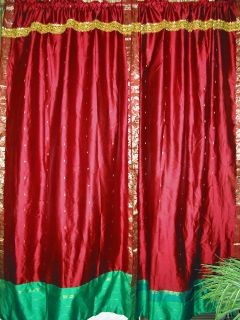Silk Sari Indian Curtains Drapes Panels Pair Red Green Curtain 84 Inch