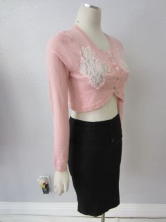 Costa Blanca Light Pink Lace Patch Work Crop Cardigan Sweater Sz XS s