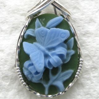 Blue Butterfly Cameo Pendant Sterling Silver Custom Designed Jewelry