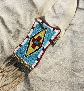  Crow Indian Hide Beaded Mirror Bag with Beaded Handle Crow Agency MT