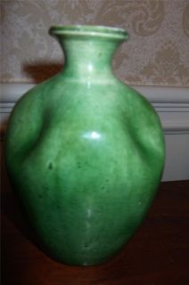 Vintage Belgium Arts Crafts Pinched Green Pottery Vase 5 1 4 High
