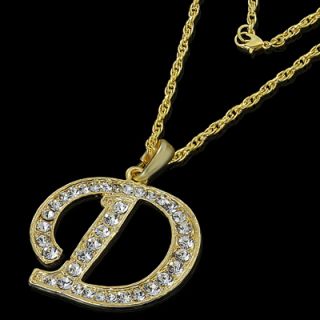 ALPHABET INITIAL LETTER D GOLD PLATED CLEAR CRYSTAL PENDANT CHARM