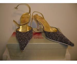 New, never worn DALESSIO gold beaded ankle strap high heel shoes