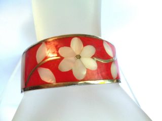  Coral Color Mother of Pearl Flower Inlay Cuff Bracelet Vintage