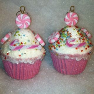 Pink Peppermintmint Candy Cane Cupcake Christmas Tree Ornaments