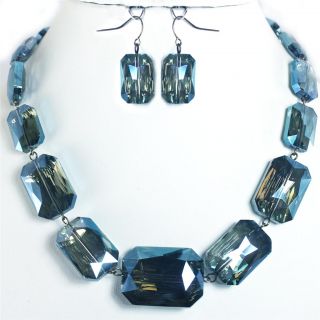  Blue Indian Sapphire Faceted Glass Crystal Gold Necklace Set