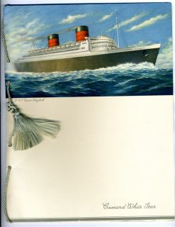 Cunard White Star RMS Queen Elizabeth First Class Farewell Dinner Menu