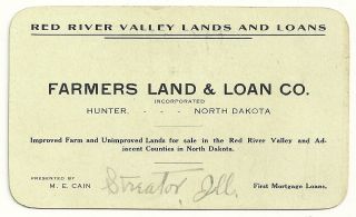  1910 15 Business Card Farmers Land Loan Co Hunter North Dakota