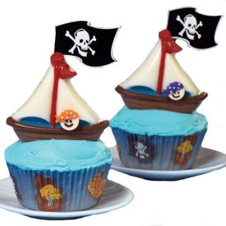 24 Pirate Skull Cupcake Baking Cup Flag Toppers Set