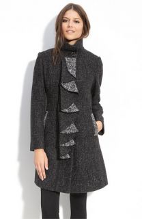 Tahari Heidi Ruffle Front Tweed Coat