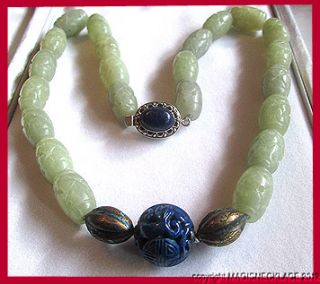  Vintage Chinese Carved Lapis Silver Nephrite Jade Necklace