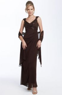 Alex Evenings Sequined Mesh Gown with Shawl