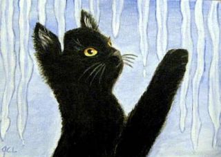 Original Folk Art 5x7 Winter Black Cat and Ice Cycles GCL