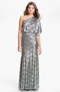 Adrianna Papell One Shoulder Metallic Blouson Gown