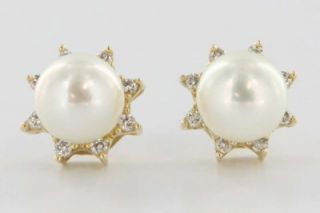 14k Yellow Gold Diamond Cultured Pearl Stud Earrings Fine Jewelry Used