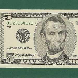 us currency 1999 $ 5 star frn note old paper money gem