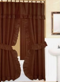 Brown Double Swag Fabric Shower Curtain Attached Valance Vinyl Liner