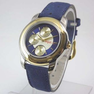  Montres Mens Round Two Tone Day Date Calendar Blue Strap Watch