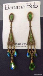  Vintage OLIVINE AB CRYSTAL Rhinestone GREEN ENAMEL Dangle Earrings P