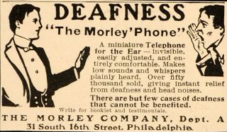 1907 Vintage Ad Deaf Deafness Hearing Aid Morley Phone   ORIGINAL