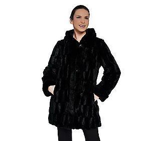 Dennis Basso Reversible Textured Faux Fur Hooded Coat BLACK 1X 18W 20W
