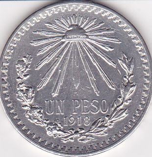 Banco de Mexico 1 Peso Silver Coin 1918 Hard To Find This Year