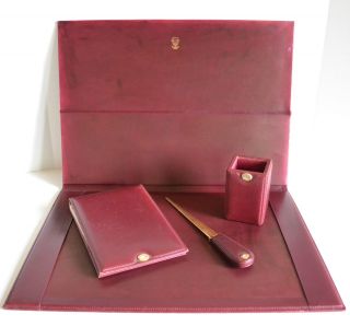 Gucci Vintage Red Leather Desk Set Blotter Note Pad Letter Opener Pen